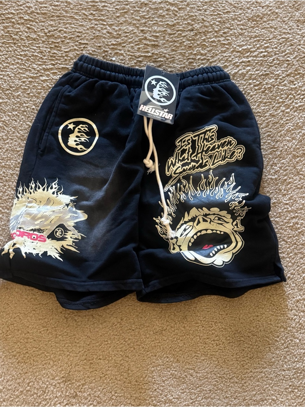 Hellstar Black Graphic Athletic Shorts with Cream Accents M